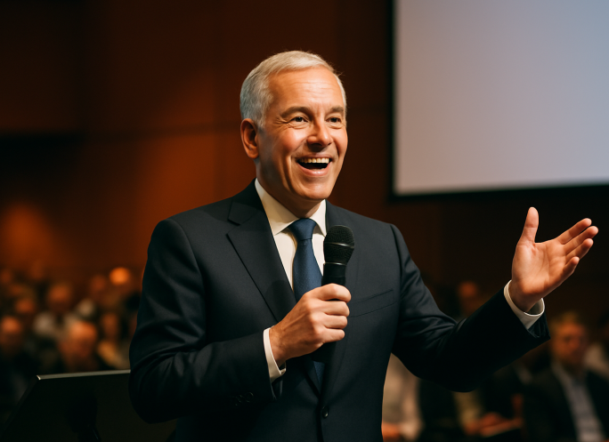 An image of a CEo impressed at a conference
